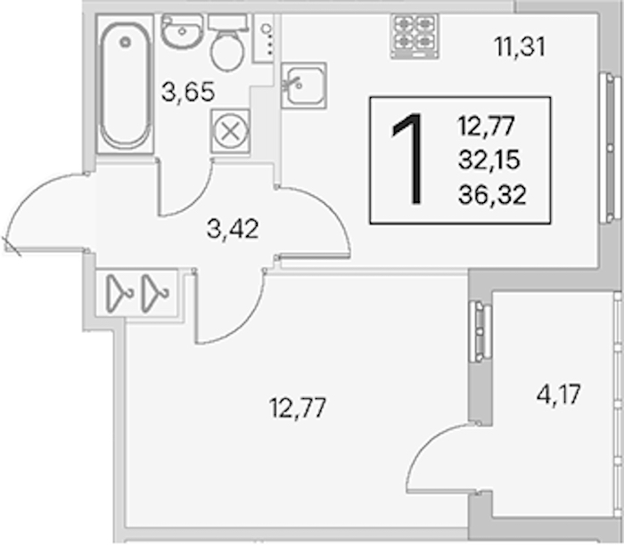 1-комнатная квартира 32.15 м², 4/4 эт., ЖК «Любоград в Стрельне»